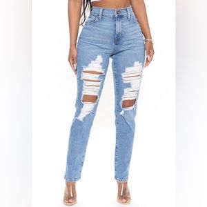 New Perspective Ripped Slim Mom Jeans - Medium Blue Wash